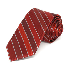 Load image into Gallery viewer, Rolled view of a red and silver striped slim necktie