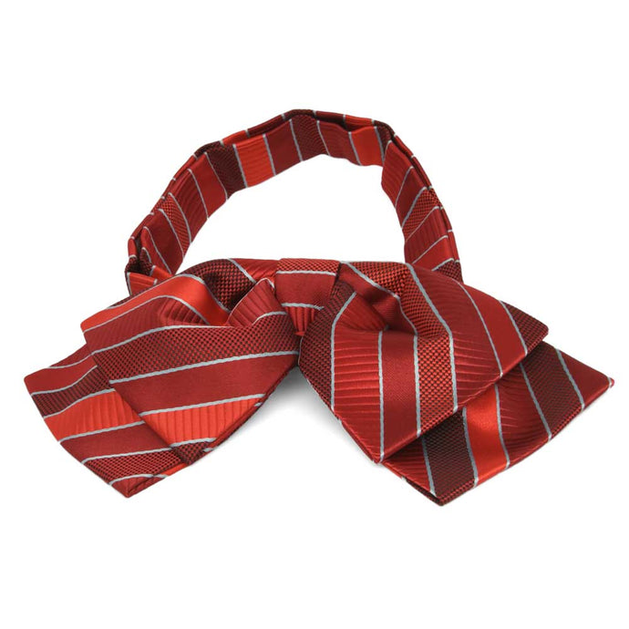 Front view of a red and silver striped floppy bow tie