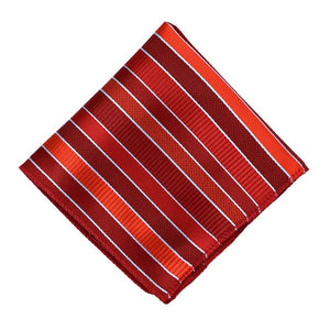 Flat front view of a red and silver striped pocket square