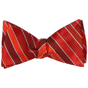 A tied self-tie bow tie in a red striped pattern