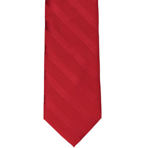 The front, flat view of a red tie with alternating ribbed and solid stripes