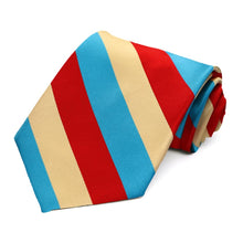 Load image into Gallery viewer, A striped tie in red, turquoise and pale gold, rolled to show off the stripes