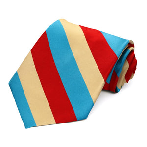 A striped tie in red, turquoise and pale gold, rolled to show off the stripes