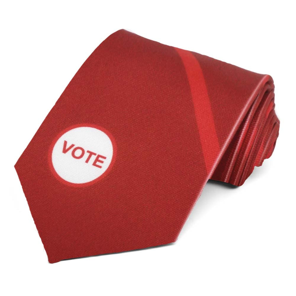 Red and white vote sticker on a red striped necktie.