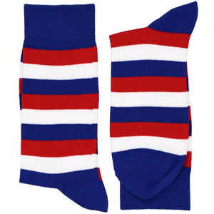 A folded pair of socks in a red, white and blue stripe