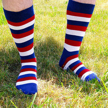 Load image into Gallery viewer, A man outside wearing a pair of red, white and blue striped socks