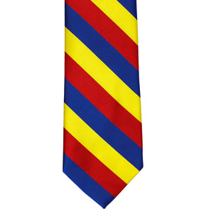 The front of a red, royal blue and yellow striped tie, laid out flat