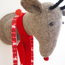 Load image into Gallery viewer, Stuffed fake reindeer wearing reindeer suspenders