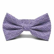 Load image into Gallery viewer, A purple pre-tied bow tie with a white outlined religious cross pattern