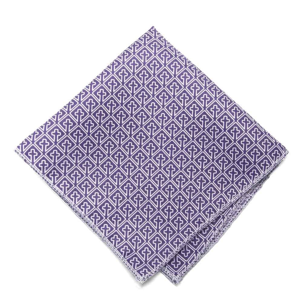 Religious cross in white and purple pocket square.