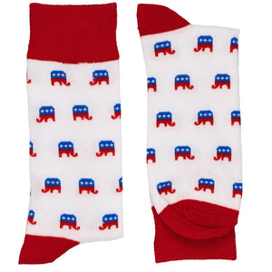 A folded pair of red, white and blue republican elephant socks