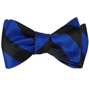 Royal blue and black striped self-tie bow tie, tied