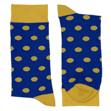Load image into Gallery viewer, Pair of royal blue and gold polka dot socks