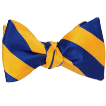Load image into Gallery viewer, Tied royal blue and golden yellow striped self-tie bow tie