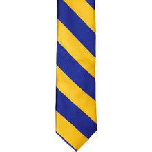 Load image into Gallery viewer, The front of a royal blue and golden yellow striped tie, laid out flat