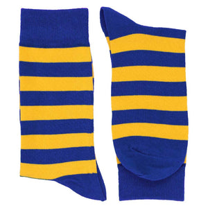 Pair of royal blue and golden yellow striped socks