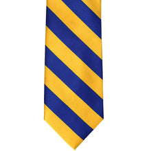 Load image into Gallery viewer, Front, flat view of a royal blue and golden yellow striped tie