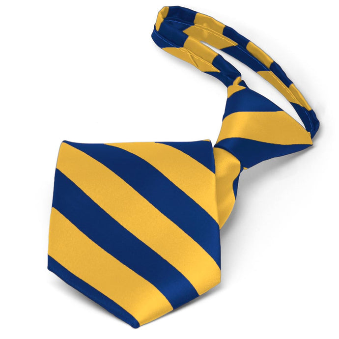 Pre-tied royal blue and golden yellow striped pattern zipper tie