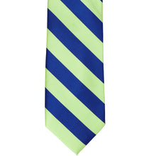 Load image into Gallery viewer, The front of a royal blue and lime green striped tie