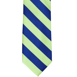 The front of a royal blue and lime green striped tie