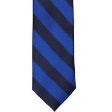 Load image into Gallery viewer, The front of a royal blue and navy blue striped tie, laid out flat