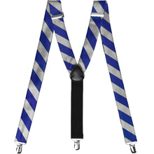 Load image into Gallery viewer, Pair of royal blue and silver striped suspenders