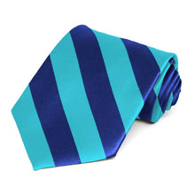 Load image into Gallery viewer, Rolled view of a royal blue and turquoise striped tie