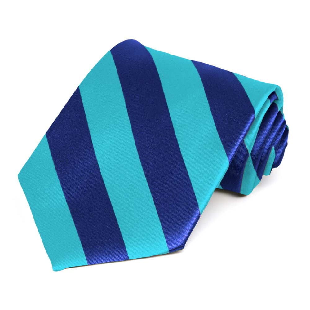 Rolled view of a royal blue and turquoise striped tie