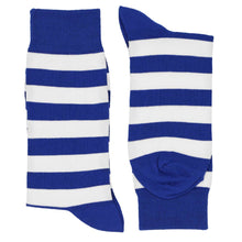 Load image into Gallery viewer, Pair of men&#39;s royal blue and white horizontal striped socks