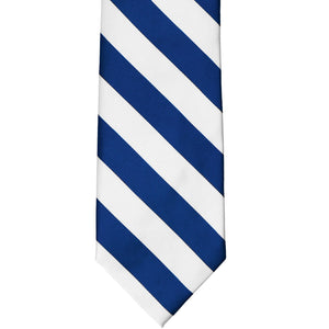 Front view of a royal blue and white striped tie