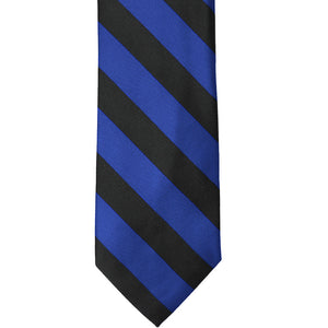Front view of a royal blue and black striped tie
