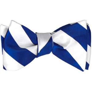 Royal blue and white striped self-tie bow tie