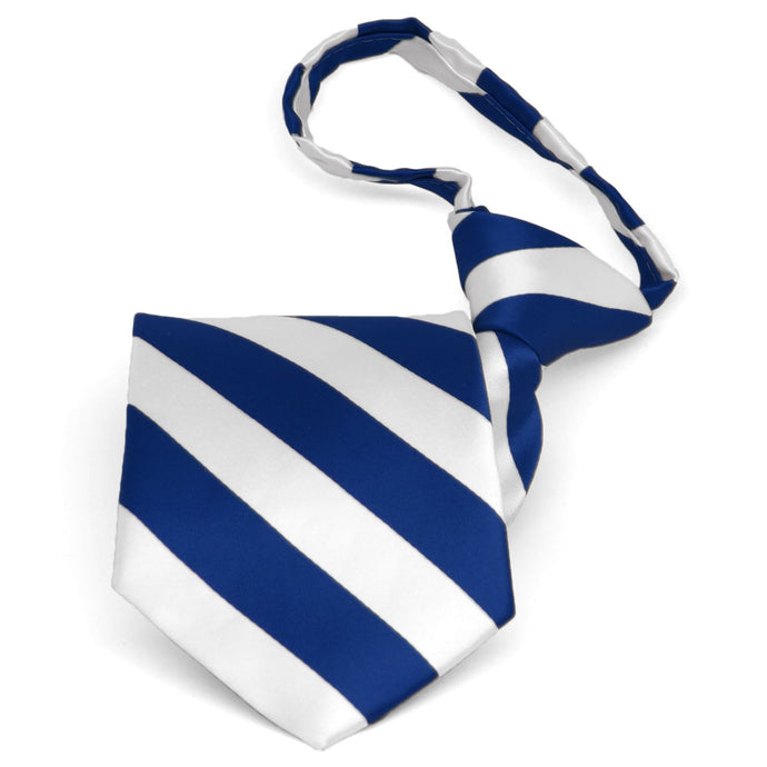 Pre-tied royal blue and white striped zipper tie