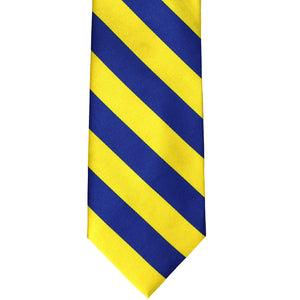 Front view of a royal blue and yellow striped tie