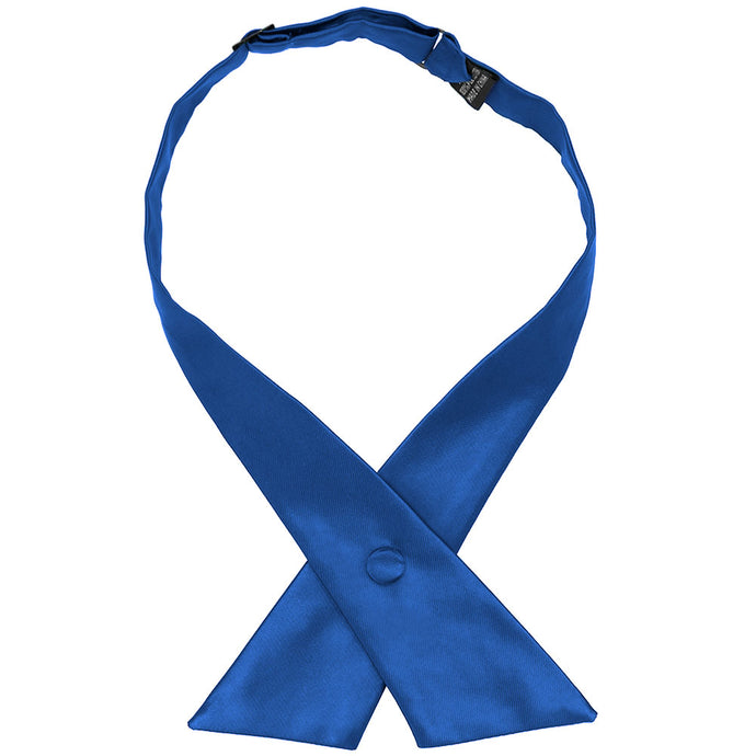 A royal blue crossover tie, snapped closed with flat ends