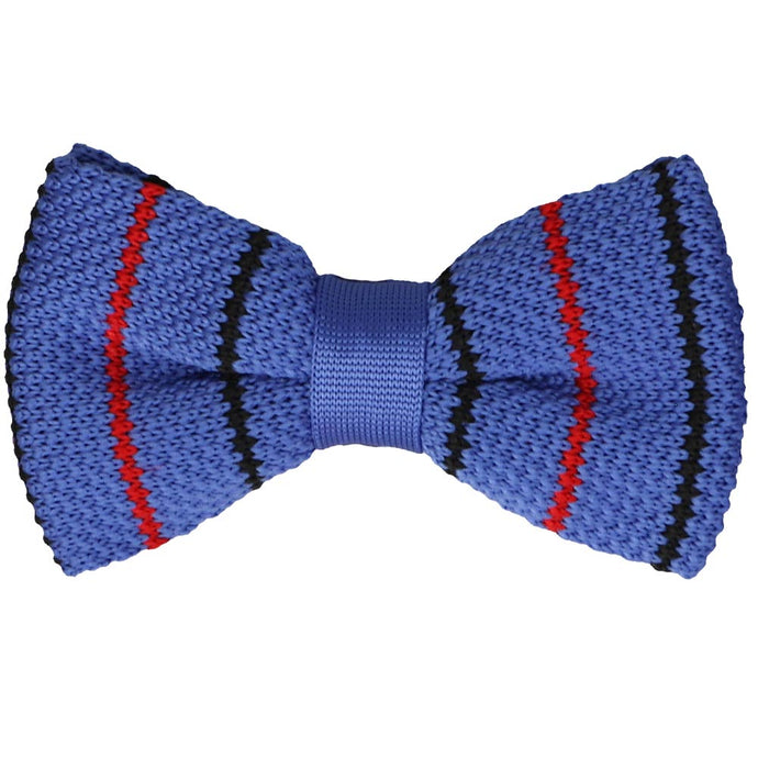 Blue knit bow tie with vertical pencil stripes
