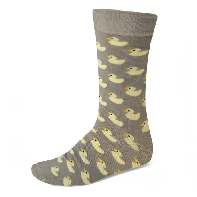 Men's yellow rubber duck theme sock on gray background