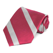 Load image into Gallery viewer, Ruby red and silver striped necktie, rolled to show off texture of stripes
