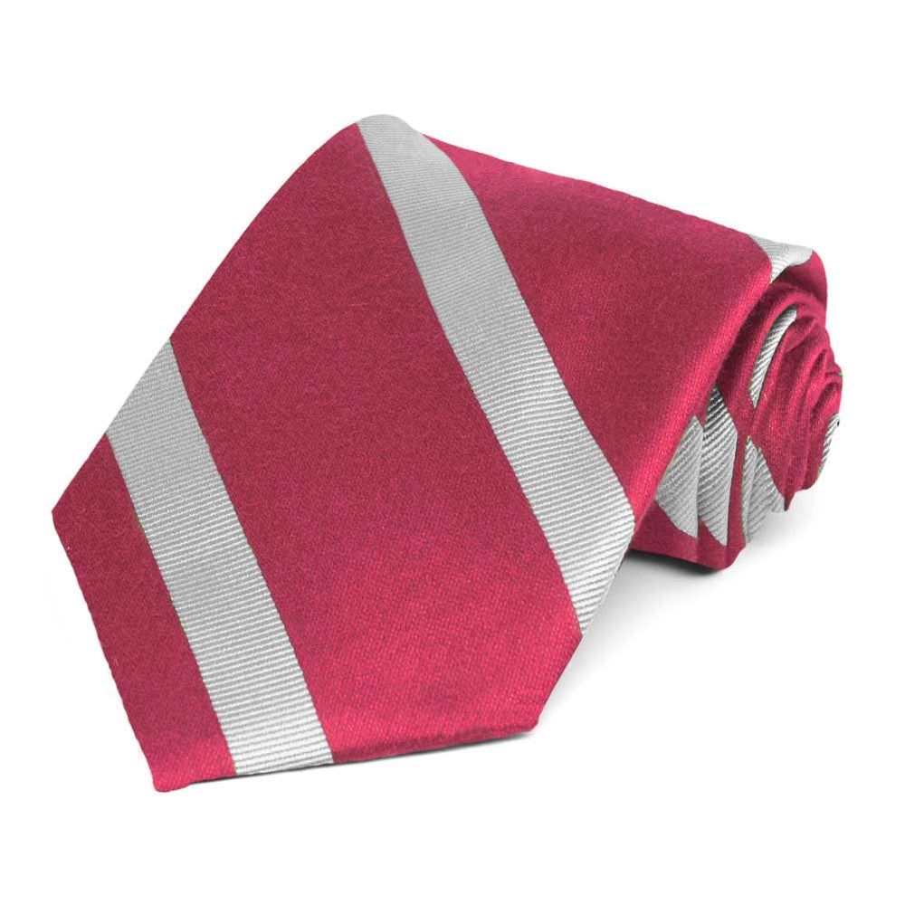 Ruby red and silver striped necktie, rolled to show off texture of stripes