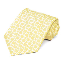 Load image into Gallery viewer, Soft yellow extra long necktie, rolled to show the white trellis design