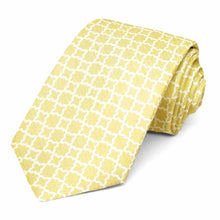 Load image into Gallery viewer, Soft yellow tie with a white trellis pattern, rolled to show texture