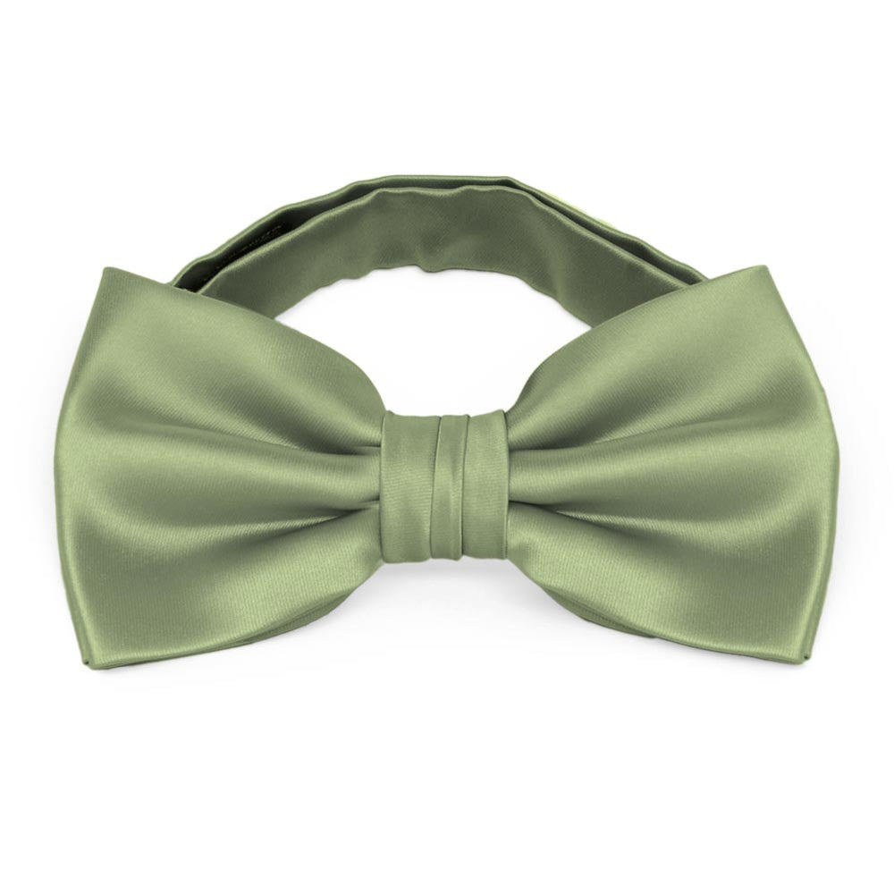 A sage bow tie, pre-tied and shown with its band collar bow tie