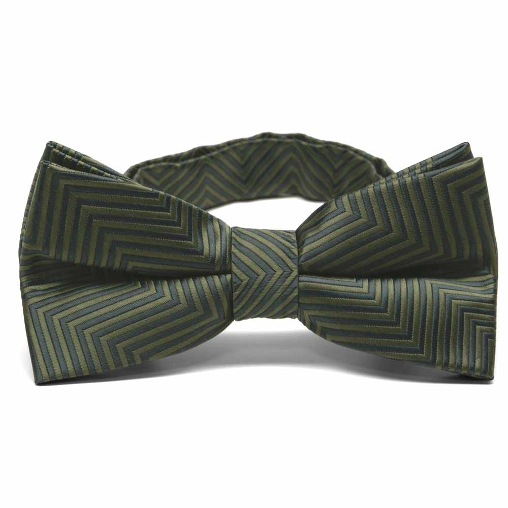 Front view of a dark green and sage green chevron pattern bow tie