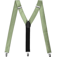 Load image into Gallery viewer, Sage fabric suspenders, displayed in an M shape to show off the clips and y-design