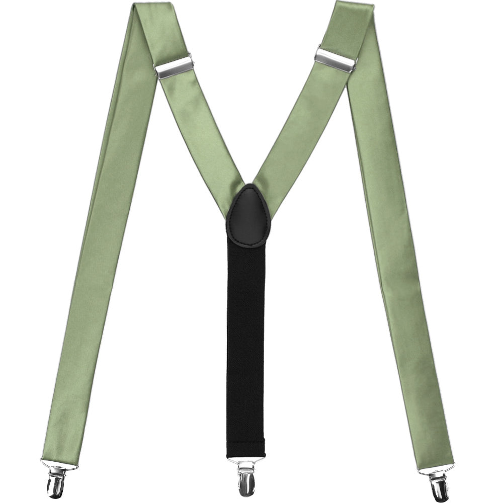 Sage fabric suspenders, displayed in an M shape to show off the clips and y-design
