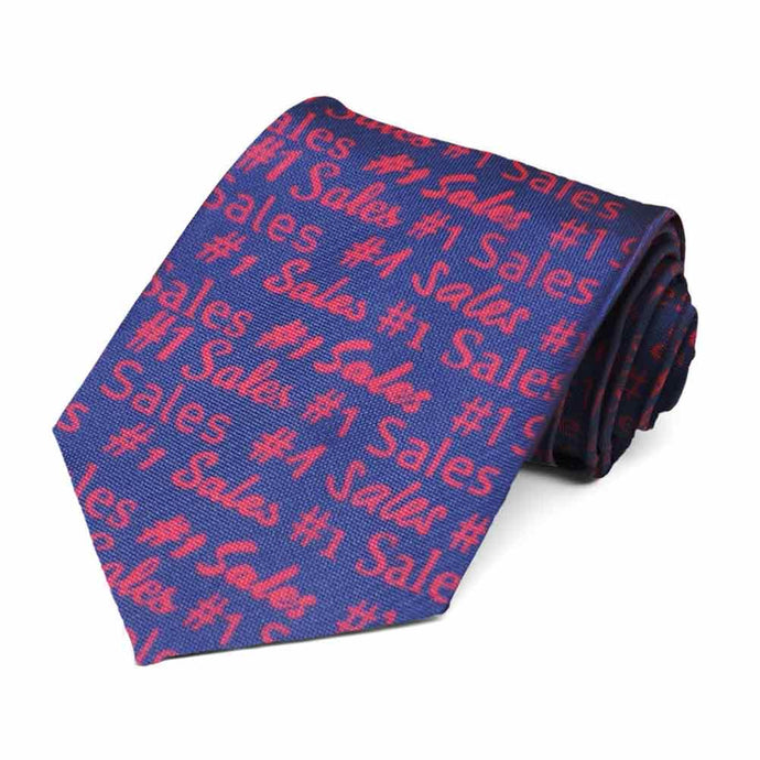 #1 salesman text in red on a dark blue tie.