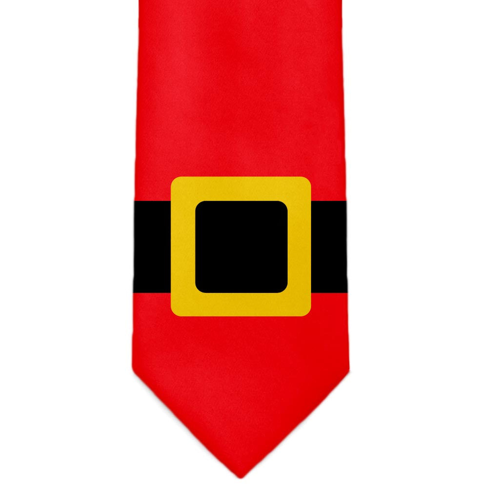 A black and gold santa belt theme necktie in red.