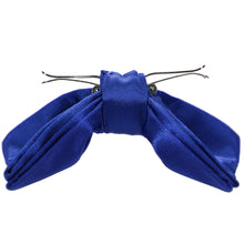 Load image into Gallery viewer, Side view of a sapphire blue clip-on bow tie, opened
