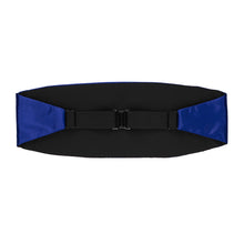 Load image into Gallery viewer, The back of a sapphire blue cummerbund, including the black elastic strap