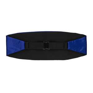 The back of a sapphire blue cummerbund, including the black elastic strap